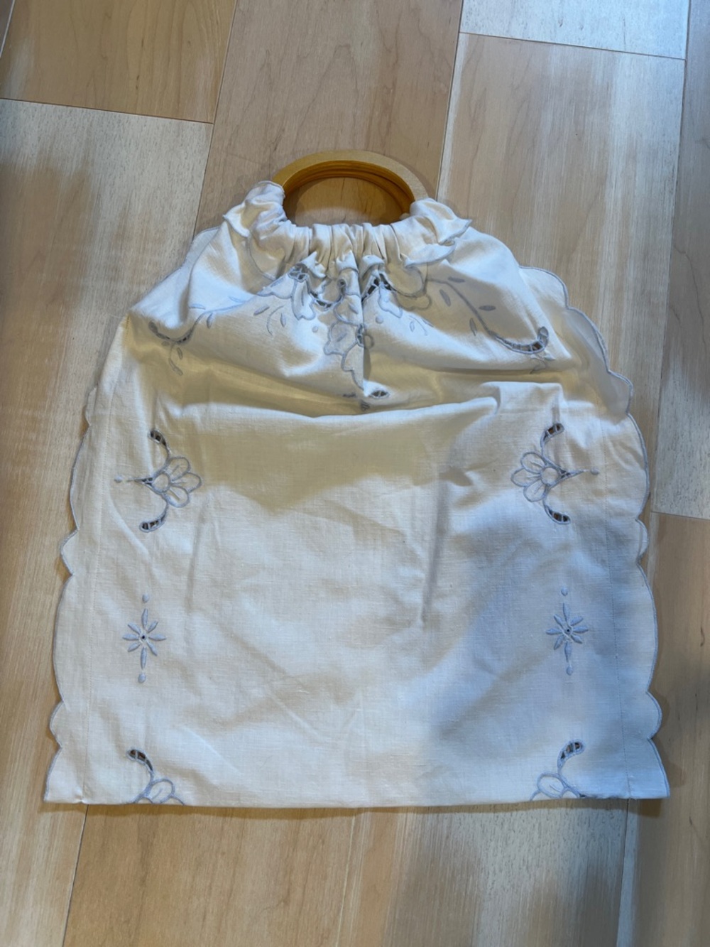 White Embroidered Linen Tote with Wood Handles